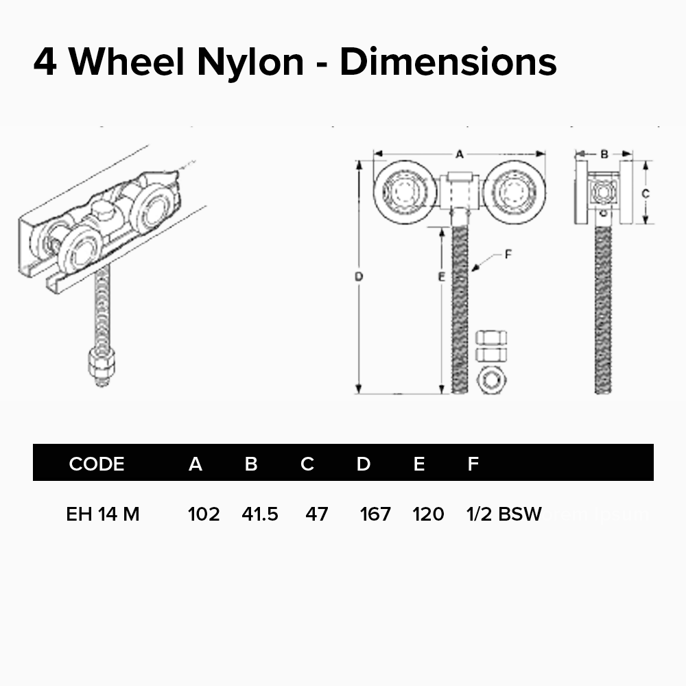 Hercules Four Wheel Curve Track Hanger - Dimensions | Edgesmith