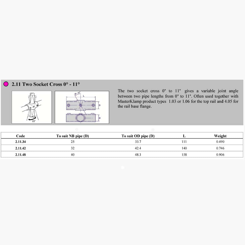 Pipe Clamp 2.11 - Two Socket Cross 0-11° Dimensions | Edgesmith