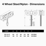 Director 4 Wheel Steel & Nylon Hanger - Dimensions | Edgesmith