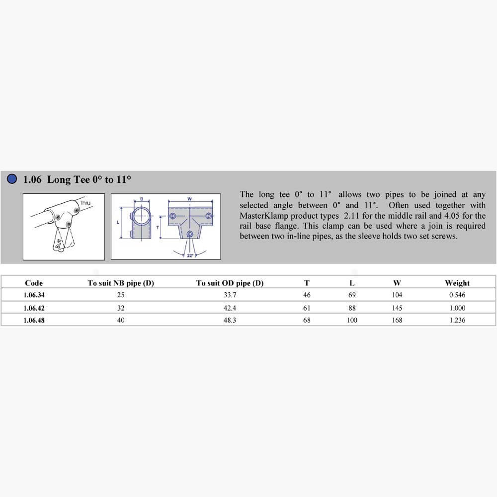 Pipe clamp 1.06 | Long Tee 0-11° Dimensions | Edgesmith