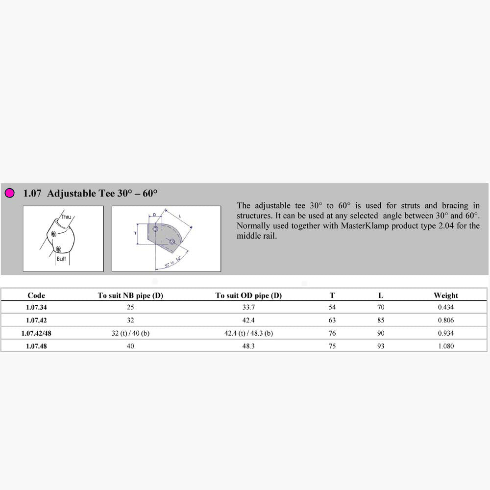 Pipe Clamp 1.07 | Adjustable Tee 30-60° Dimensions | Edgesmith