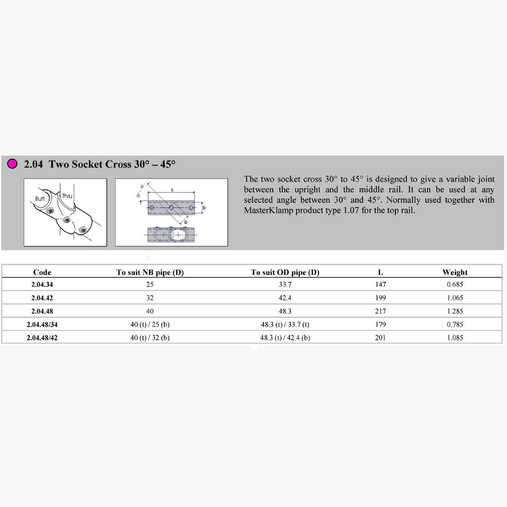 Pipe Clamp 2.04 - Two Socket Cross 30-45° Dimensions | Edgesmith