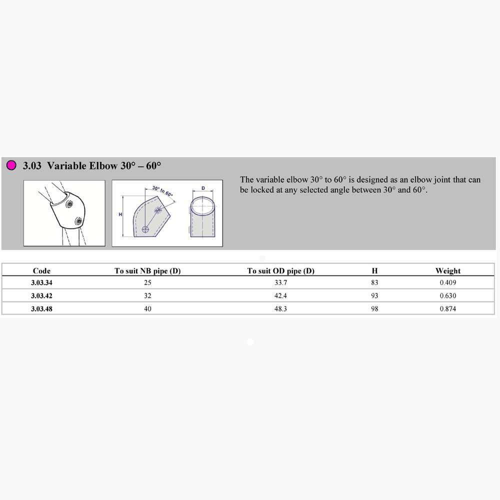 Pipe Clamp 3.03 - Elbow 30-60° Dimensions | Edgesmith