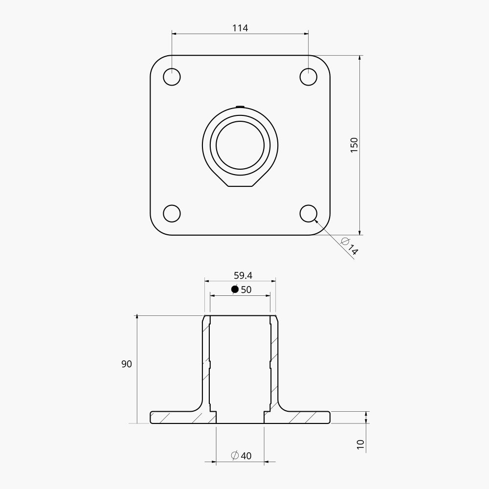 Pipe Clamp 4.12 - Square Base Flange 4 hole Dimensions | Edgesmith 