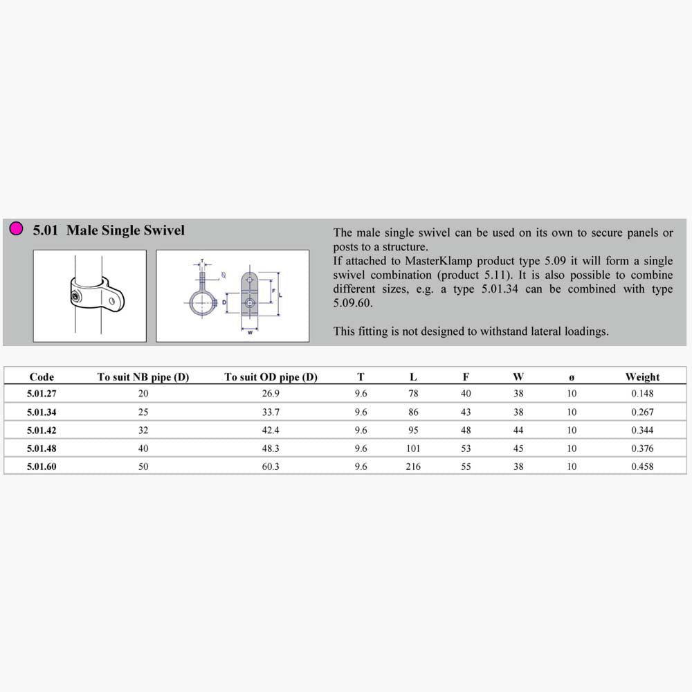 Pipe Clamp 5.01 - Male Single Swivel Dimensions | Edgesmith