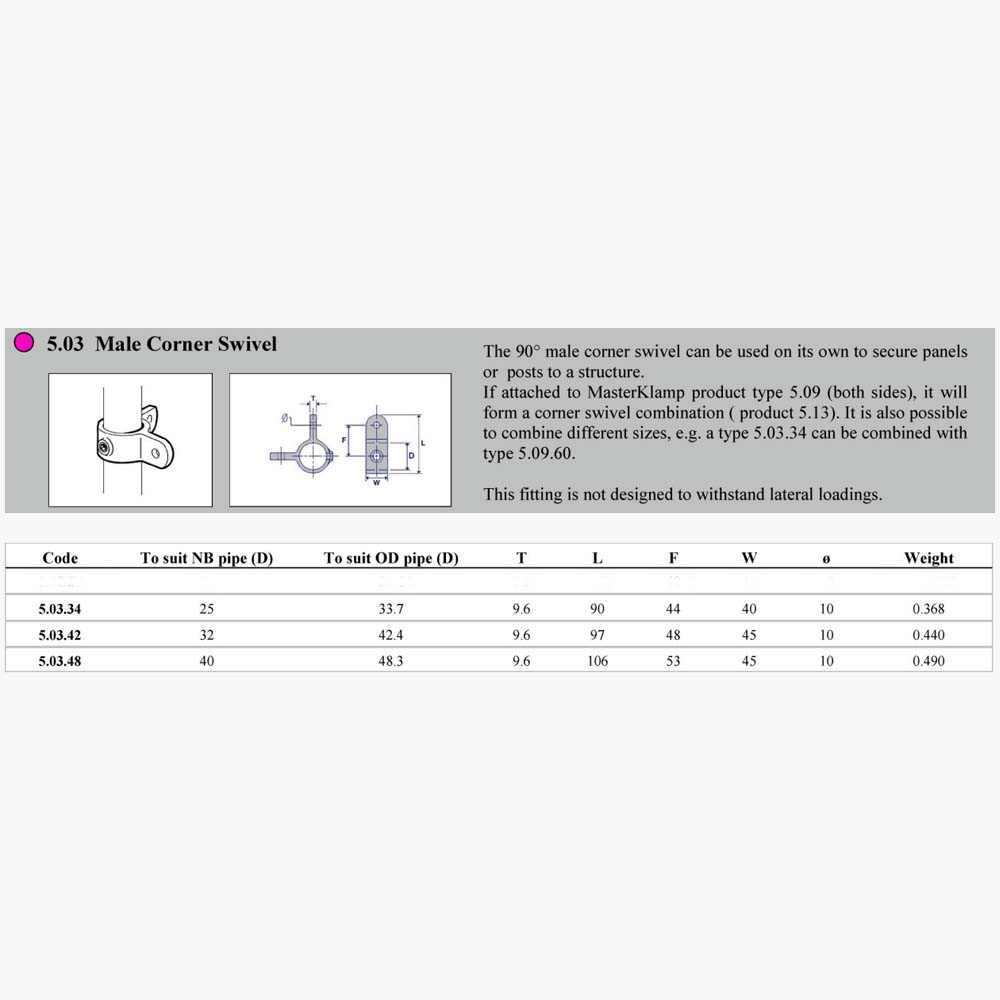 Pipe Clamp 5.03 - Male Corner Swivel Dimensions | Edgesmith