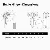 Hercules Four Wheel Single Hinge - Dimensions | Edgesmith